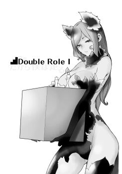 1girl bare_shoulders box breast_rest breasts carried_breast_rest carrying chess_piece cleavage cowboy_shot dungeon_ni_deai_wo_motomeru_no_wa_machigatteiru_darou_ka elbow_gloves english_text freya_(danmachi) gloves greyscale hair_ornament highres holding holding_box king_(chess) large_breasts long_hair looking_at_viewer monochrome novel_illustration official_art parted_lips revealing_clothes simple_background solo standing thighs third-party_source white_background yasuda_suzuhito
