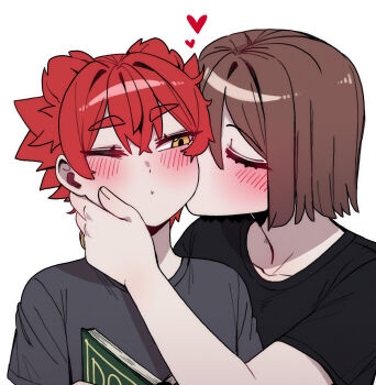 1boy 1girl 7a_(se7ena) age_difference assertive_female bad_tag black_shirt blush brown_hair closed_eyes closed_mouth commentary_request cuddling cuddly double-parted_bangs grey_shirt hair_between_eyes hand_on_another's_cheek hand_on_another's_face hand_up happy happy_sex heart hetero highres incest jewelry kiss kissing_cheek looking_at_another mature_female mother_and_son one_eye_closed onee-shota original parted_bangs red_hair ring shirt short_hair short_sleeves simple_background size_difference t-shirt tall_female taller_female white_background yellow_eyes