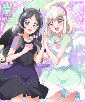 2girls angel angel_and_devil angel_wings bare_arms bare_legs bare_shoulders black_hair blonde_hair blunt_bangs blush bob_cut braid choker collarbone cosplay demon demon_horns demon_tail demon_wings hair_ornament hair_tie hairpin halloween halloween_costume hand_on_another&#039;s_hand hanzou happy_halloween headband heart highres horns kimi_to_idol_precure long_hair looking_at_viewer low_twintails meroron_(civilian)_(precure) meroron_(precure) miniskirt multiple_girls open_mouth parted_bangs pink_hair precure purirun_(civilian)_(precure) purirun_(precure) purple_eyes ribbon_choker see-through_clothes see-through_sleeves shirt short_hair skirt sleeveless sleeveless_shirt tail tank_top twin_braids twintails twitter_username upper_body very_long_hair watermark wings