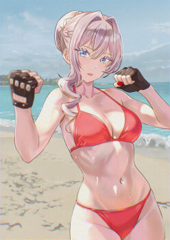 1girl absurdres alternate_costume beach bikini black_gloves blue_eyes breasts cleavage clenched_hands clothing_cutout commentary_request cowboy_shot day fighting_stance fingerless_gloves glove_cutout gloves grey_hair hair_between_eyes hair_intakes hair_over_shoulder halterneck hands_up highres kousan long_hair medium_breasts nail_polish navel ocean outdoors parted_lips red_bikini red_nails saigo_ni_hitotsu_dake_onegai_shite_mo_yoroshii_deshou_ka sand scarlet_el_vandimion solo string_bikini swimsuit