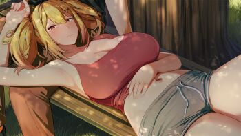 1girl arm_up armpits bench blonde_hair blush breasts cleavage closed_mouth crop_top game_asset hair_ornament hairclip hand_on_own_stomach highres lap_pillow large_breasts lying navel non-web_source official_art on_back on_bench outdoors red_eyes s.u._(simpleu818) self-datamine shinonome_ayano short_shorts shorts sitting summer_clover tank_top twintails