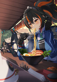 2girls absurdres bangboo_(zenless_zone_zero) black_gloves black_hair blue_jacket blush bow broken_chopsticks checkered_necktie chopsticks closed_eyes collared_shirt commentary commentary_request e_buki eating egg_(food) english_commentary fingerless_gloves food gloves green_hair hair_between_eyes hair_bow hair_ornament hand_up highres holding holding_chopsticks jacket long_hair looking_at_food luckyboo_(zenless_zone_zero) mixed-language_commentary multiple_girls necktie noodles orange_eyes orange_hair ponytail qingyi_(zenless_zone_zero) ramen shirt sidelocks sitting sweat twintails very_long_hair white_shirt zenless_zone_zero zhu_yuan