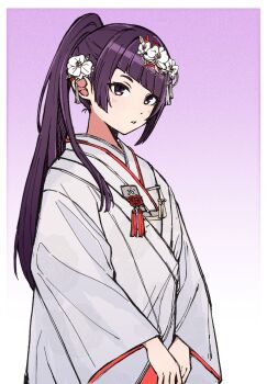 Rule 34 | 1girl, cowboy shot, diagonal bangs, floral print, floral print kimono, flower, gradient background, hair flower, hair ornament, highres, idolmaster, idolmaster shiny colors, japanese clothes, kimono, long hair, official alternate costume, ponytail, print kimono, purple eyes, purple hair, qaqyes re, solo, tanaka mamimi, tassel, tassel hair ornament, uchikake, white kimono