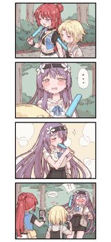 !? ... 3girls 4koma ^^^ absurdres arm_at_side bag belt black_dress black_hairband black_shirt black_skirt blonde_hair blue_bow blue_bowtie blue_eyes blue_vest blush border bow bowtie breasts bush cellphone closed_eyes collar comic cowboy_shot crop_top day drawstring dress ear_blush eating embarrassed female_focus flat_chest food forest from_behind grey_shirt hair_bun hair_flaps hairband half-closed_eyes hand_up hands_up heart high-waist_skirt highres holding holding_food holding_phone holding_popsicle hooded_shirt hot long_hair midriff miniskirt miruru_(rune_(dualhart)) multiple_girls multiple_views nature navel nose_blush o_o open_clothes open_mouth open_vest orange_eyes original outdoors path pencil_skirt phone pinafore_dress pocket popsicle purple_hair raika_(rune_(dualhart)) raised_eyebrows recording red_hair road rune_(dualhart) saliva sexually_suggestive shirt shirt_tucked_in short_hair short_sleeves shoulder_bag sidelocks single_hair_bun skirt sleeveless sleeveless_dress small_breasts smartphone sparkle speech_bubble spiked_collar spikes spoken_ellipsis spoken_interrobang standing stomach surprised sweat thighs tongue tongue_out tree u_u upper_body vest wavy_mouth white_border white_eyes white_shirt white_skirt wristband yurina_(rune_(dualhart))