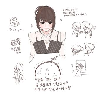 Rule 34 | 2girls, animification, artist self-insert, basil (wgh0anzdple3asf), black dress, brown hair, chain, chain necklace, commentary request, dress, flying sweatdrops, grin, heart, heart necklace, highres, jewelry, korean commentary, korean text, long sleeves, looking at viewer, multiple girls, necklace, partially colored, pinafore dress, real life, shirt, sidelocks, sleeveless, sleeveless dress, smile, sparkle, translation request, tsukine kona, voice actor, white shirt