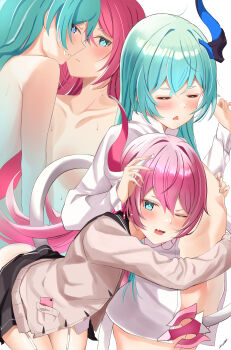 2girls absurdres black_skirt blue_eyes blue_hair blue_horns bottomless breasts brown_coat coat commentary covering_another&#039;s_breasts english_commentary garter_straps grabbing_another&#039;s_breast groping highres honkai_(series) honkai_impact_3rd horns incest liliya_olenyeva lizard_tail long_hair multiple_girls naruta_(nmaf4445) nude one_eye_closed pink_hair pink_horns rozaliya_olenyeva school_uniform shirt siblings single_horn skirt small_breasts tail tail_censor triangle_mouth twincest twins very_long_hair white_garter_straps white_shirt yuri
