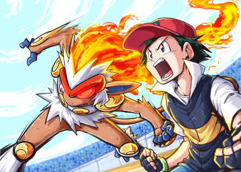 1boy :o absurdres ash_ketchum baseball_cap black_hair blue_jacket brown_eyes clenched_teeth closed_mouth colored_sclera determined fire flame-tipped_tail gen_4_pokemon gloves glowing glowing_eyes hat highres infernape jacket looking_to_the_side mixed-language_commentary monkey nintendo open_mouth outdoors pokemon pokemon_(anime) pokemon_(creature) pokemon_dppt_(anime) red_headwear red_sclera shirt short_hair sleeveless sleeveless_jacket stadium t-shirt tail teeth tongue tsunami_hisoka v-shaped_eyebrows