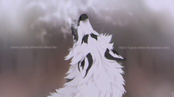 animal animal_ears animal_focus blackscour blurry blurry_background breath closed_eyes cold commentary english_commentary english_text fluffy no_humans open_mouth simple_background smoke teeth watermark white_fur wolf