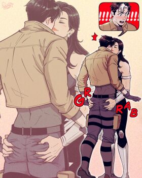 1boy 1girl assertive_female batman_(series) belt black_bodysuit black_hair blue_eyes bodysuit brown_jacket couple dc_comics donna_troy gloves grabbing_another's_ass groping hetero highres imminent_kiss jacket jason_todd multicolored_bodysuit muscular muscular_male open_clothes pants print_bodysuit red_hood_(dc) red_hood_and_the_outlaws short_hair silver_boots sleeveless sleeveless_bodysuit sound_effects sparkling_clothes superhero_costume sydney_lee_00 taut_bodysuit two-tone_bodysuit utility_belt western_comics_(style) wonder_woman_(series)
