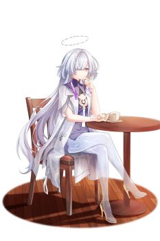 1girl absurdres commentary_request crossed_legs cup diorama dress earrings full_body grey_hair hair_ornament hair_over_one_eye halo highres holding holding_cup jacket jewelry long_hair mornye_(wuthering_waves) purple_dress red_eyes sb_sis see-through_body simple_background sitting solo triangle_earrings white_background white_jacket wuthering_waves