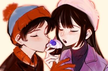 Rule 34 | 1boy, 1girl, black hair, black sweater, blue hat, blueberry, blush, brown jacket, closed eyes, cupcake, fingernails, food, fruit, gloves, hand up, hat, highres, holding, holding food, jacket, lapels, long hair, open clothes, open jacket, open mouth, pink hat, pom pom (clothes), purple jacket, red gloves, rrrrrrrrrrrou1, short hair, simple background, south park, stan marsh, sweater, teeth, turtleneck, turtleneck sweater, upper body, wendy testaburger, white background