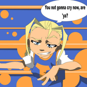 1girl basketball_jersey blonde_hair blue_background blue_eyes braid child cindy_mcphearson commentary english_commentary english_text jasdog565 long_bangs long_hair orange_background polka_dot polka_dot_background raised_eyebrow shirt smug solo speech_bubble t-shirt teeth the_boondocks upper_body v white_shirt