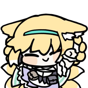 1girl :d animal_ears animated animated_gif arknights artist_request black_gloves blonde_hair blue_hairband braid chibi closed_mouth fox_ears fox_girl fox_tail gloves green_eyes hairband kitsune kyuubi lowres multiple_tails open_mouth short_hair simple_background single_glove smile suzuran_(arknights) tail twin_braids white_background