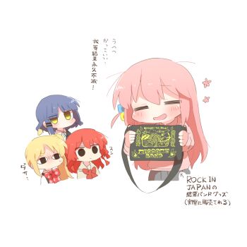 &lt;o&gt;_&lt;o&gt; 4girls bag blonde_hair blue_hair blush bocchi_the_rock! chibi chibi_only closed_eyes closed_mouth commentary_request cropped_torso gotoh_hitori holding holding_bag ijichi_nijika jacket kita_ikuyo long_sleeves looking_at_viewer multiple_girls no_mouth open_mouth pink_hair pink_jacket rebecca_(keinelove) red_hair short_hair simple_background smile track_jacket translation_request white_background yamada_ryo