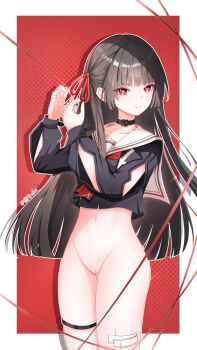 1girl arm_cutout black_choker black_hair black_serafuku black_shirt border bottomless chinese_commentary chisa_(wuthering_waves) choker cleft_of_venus closed_mouth clothing_cutout collarbone commentary_request cowboy_shot crop_top hair_ribbon highres large_variant_set long_hair long_sleeves looking_at_viewer midriff mole mole_under_eye nauuj neckerchief pussy red_background red_eyes red_neckerchief red_ribbon ribbon sailor_collar school_uniform serafuku shirt smile solo thigh_strap thighs uncensored variant_set white_border white_sailor_collar wuthering_waves