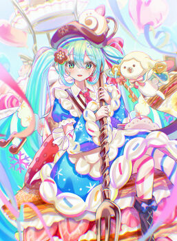Rule 34 | 1girl, animal, apron, aqua eyes, aqua hair, asymmetrical legwear, blue bow, blue dress, blue eyes, blue hair, blue sleeves, blush, boots, bow, bowtie, bread, brown boots, brown hat, commentary request, cookie, curtsey cc, dessert, detached sleeves, dress, dress bow, food, food-themed clothes, food-themed hat ornament, fork, frilled apron, frills, fruit, full body, fur-trimmed dress, fur-trimmed sleeves, fur trim, hair between eyes, hair ornament, hat, hat ornament, hatsune miku, highres, holding, holding fork, knee boots, long hair, long sleeves, looking at viewer, mismatched legwear, necktie, official alternate costume, official alternate hairstyle, open mouth, pantyhose, pink necktie, puffy sleeves, rabbit yukine, short sleeves, smile, snowflake print, striped clothes, striped pantyhose, twintails, two-tone sleeves, very long hair, vocaloid, wavy hair, white apron, yuki miku, yuki miku (2026)