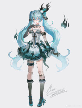 Rule 34 | 1girl, absurdres, asymmetrical legwear, bare shoulders, belt, black belt, black gloves, black socks, blue dress, blue eyes, blue footwear, blue hair, blue ribbon, breasts, chinese commentary, choker, cleavage, colored eyelashes, commentary request, cross, cross earrings, cross necklace, cross print, dated, disembodied eye, doll joints, dot nose, dress, earrings, elbow gloves, eye hair ornament, fishnet gloves, fishnet socks, fishnets, flaming eye, footwear ribbon, frilled choker, frilled garter belt, frills, full body, fur armlet, gloves, gradient clothes, gradient dress, gradient legwear, grey background, grey dress, hair between eyes, halloween, halloween costume, hand on own chest, hatsune miku, high heels, highres, jewelry, joints, kneehighs, lace, lace-trimmed dress, lace trim, layered gloves, layered legwear, leg tattoo, long hair, looking at viewer, memory mie, mismatched legwear, necklace, open mouth, ribbed legwear, ribbon, ribbon-trimmed dress, ribbon trim, short dress, signature, simple background, single kneehigh, single sock, small breasts, smile, socks, solo, spider web hair ornament, standing, strapless, strapless dress, tachi-e, tattoo, thigh belt, thigh strap, twintails, very long hair, vocaloid, watermark, wavy hair, weibo watermark, white choker
