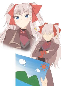 Rule 34 | 1girl, blue eyes, bow, choker, closed eyes, closed mouth, coat, commentary request, dress, hair ribbon, highres, long hair, raquel applegate, ribbon, satsuki koyomi, simple background, smile, solo, twintails, two side up, white background, wild arms, wild arms 4