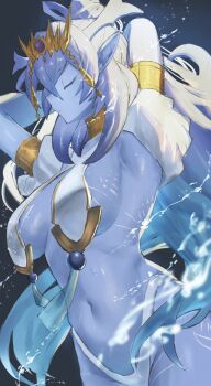 Rule 34 | 1girl, alternate costume, blue hair, blue skin, body markings, breasts, closed eyes, colored skin, cowboy shot, dominus impulse, dougaku (passionpit777), duel monster, gold tiara, hair between eyes, head wings, highres, large breasts, long hair, navel, pointy ears, solo, tiara, wings, yu-gi-oh!
