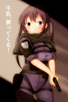 Rule 34 | 1girl, black hair, commentary request, cosplay, female focus, gochuumon wa usagi desu ka?, gun, handgun, holding, long hair, looking at viewer, metal gear (series), metal gear solid v: the phantom pain, purple eyes, solo, susa, tedeza rize, translated, twintails, venom snake, venom snake (cosplay), weapon