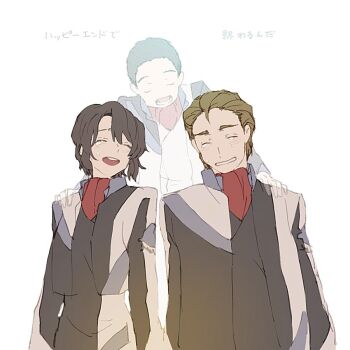 Rule 34 | 1girl, 2boys, alvis uniform, ascot, black shirt, brown hair, cropped jacket, crying, douma hiroto, jacket, kaname sakura, kodate mamoru, michi naka, multiple boys, red ascot, shirt, short hair, simple background, smile, soukyuu no fafner, tears, white background