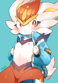 1other animal_hands animal_nose artist_name blue_background blue_fur blue_jacket blush body_fur bright_pupils cinderace cinderace_(space) closed_mouth clothed_pokemon cowboy_shot furry gen_8_pokemon groin hands_up jacket long_sleeves looking_afar minamo_(minamoto_minamo) multicolored_fur nintendo nipples open_clothes open_jacket other_focus pokemon pokemon_(creature) pokemon_unite rabbit_ears rabbit_tail red_eyes red_fur red_hair short_hair signature simple_background skindentation solo standing stomach thick_thighs thigh_strap thighs white_fur white_pupils wide_hips