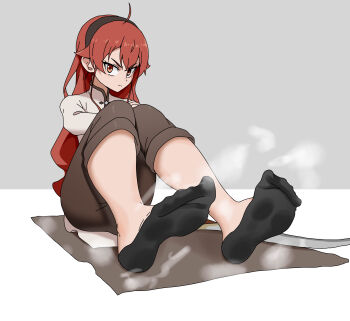 1girl absurdres black_socks eris_greyrat feet hairband highres long_hair looking_at_viewer mushoku_tensei paxa349 red_eyes red_hair socks soles steam toes