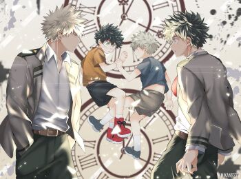 2boys age_progression bakugou_katsuki belt black_pants black_shoes black_shorts blonde_hair boku_no_hero_academia brown_belt clock collared_shirt cowboy_shot floating freckles green_eyes green_hair grey_jacket grey_shirt grey_shorts hair_between_eyes hand_in_pocket holding_another&#039;s_wrist jacket looking_at_another male_focus midoriya_izuku midriff mikan_(artist) multiple_boys necktie orange_shirt pants parted_lips red_eyes red_necktie red_shoes school_uniform shirt shoes short_hair shorts spiked_hair twitter_username u.a._school_uniform white_shirt yaoi