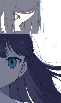 2girls blue_eyes blue_hair chromatic_aberration commentary_request half_updo highres link!_like!_love_live! looking_down love_live! mole mole_under_eye multiple_girls murano_sayaka murano_tsukasa siblings simple_background sisters syoma_(1026syoma) thumbnail_collage virtual_youtuber white_background