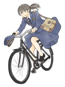 1girl bag bicycle brown_hair collared_shirt commentary_request full_body gogo_jolno highres jacket long_sleeves necktie original ponytail school_bag shirt skirt smile solo white_background wing_collar