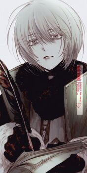 Rule 34 | 1boy, black gloves, black scarf, brown coat, coat, fur scarf, gloves, grey eyes, grey hair, gyujik qzc, highres, holding, holding paper, holding quill, looking at viewer, male focus, paper, parted lips, quill, reverse:1999, scarf, short hair, solo, upper body, white background, writing, zima (reverse:1999)