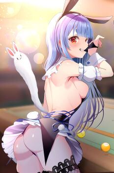 1girl absurdres animal_ear_hairband animal_ears ass backless_dress backless_outfit black_dress black_panties blue_hair blue_skirt blunt_bangs blurry blurry_background breasts detached_sleeves don-chan_(usada_pekora) dress fake_animal_ears fishnet_thighhighs fishnets frilled_dress frills from_behind grin hair_over_shoulder hairband highres hinoki_kahun0 hololive indoors long_hair looking_at_viewer looking_back median_furrow medium_breasts miniskirt official_alternate_costume official_alternate_hairstyle orange_eyes panties pantyshot pleated_skirt pom_pom_(clothes) pool_table puffy_detached_sleeves puffy_short_sleeves puffy_sleeves rabbit-shaped_pupils rabbit_ear_hairband rabbit_ears rabbit_girl rabbit_tail short_dress short_eyebrows short_sleeves sideboob skirt skirt_under_dress sleeveless sleeveless_dress smile solo symbol-shaped_pupils table tail thick_eyebrows thighhighs underwear usada_pekora usada_pekora_(furi_furi_bunny_dress) virtual_youtuber white_skirt white_sleeves wrist_cuffs