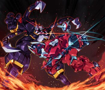 Rule 34 | absurdres, arm blade, blodia, blue eyes, capcom, claws, clenched hand, commentary, commission, cyberbots, english commentary, fighting, fire, glowing, glowing eyes, highres, looking down, mecha, no humans, open hand, pillar buster, red eyes, robot, science fiction, sparkle, sparks, third eye, warlock (cyberbots), weapon