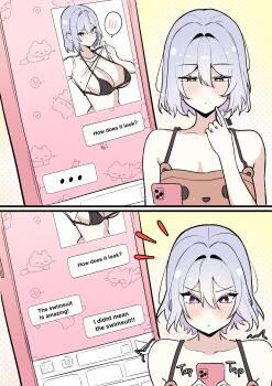 ... 1girl :&lt; absurdres bare_shoulders bikini black_bikini blush breasts cellphone chat_log closed_mouth clothes_lift commentary double-parted_bangs english_commentary english_text hair_between_eyes highres holding holding_phone index_finger_raised large_breasts looking_at_phone mirui09 notice_lines original phone purple_eyes purple_hair see-through_clothes see-through_shirt selfie shirt shirt_lift short_hair smartphone swimsuit text_messaging yellow_background