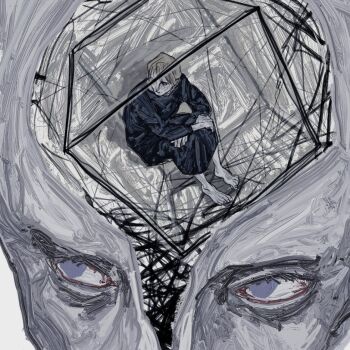 barefoot black_pants black_shirt blonde_hair bloodshot_eyes blue_eyes box cage from_above hands_on_own_legs looking_to_the_side mini_person miniboy open_skull original pants revol4357 shirt short_hair sitting surreal symbolism