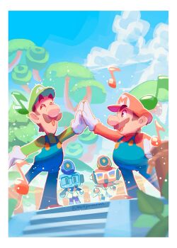 4boys :d absurdres arm_up big_nose blue_overalls blue_sky blurry border brown_hair closed_eyes cloud coat commentary_request dancing day depth_of_field dyode_(mario) emmit_(mario) facial_hair facing_another glasses gloves green_hat green_shirt hat high_five highres initial legs_apart long_sleeves looking_at_another luigi mario mario_&amp;_luigi:_brothership mario_&amp;_luigi_rpg mario_(series) monyorun multiple_boys musical_note mustache nintendo open_mouth outdoors outline overalls red_hat red_shirt scene_reference shirt short_hair sideburns sky smile standing tree twitter_username white_border white_coat white_gloves white_outline