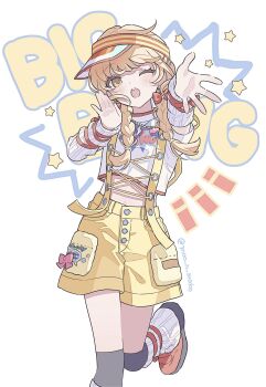 1girl arm_ribbon bead_necklace beads black_socks blonde_hair blush bow braid breasts dot_nose dress_bow fujita_kotone gakuen_idolmaster hair_bow hair_tie highres idolmaster jewelry long_hair looking_at_viewer loose_socks midriff moo_n_moko navel necklace one_eye_closed open_hands open_mouth pink_bow print_shirt reaching reaching_towards_viewer red_ribbon red_shoes red_trim ribbon shirt shoes short_sleeves shorts small_breasts smile socks solo standing standing_on_one_leg star_(symbol) suspender_shorts suspenders teeth text_background text_print twin_braids twitter_username upper_teeth_only visor_cap white_arm_warmers white_background white_shirt white_socks yellow_big_bang!_(idolmaster) yellow_eyes yellow_shorts