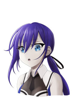 Rule 34 | 1girl, absurdres, arms at sides, assault lily, bare shoulders, black necktie, black ribbon, blue eyes, breasts, collared shirt, commentary request, cropped arms, cropped torso, hair between eyes, hair ribbon, hayami katsura, highres, long bangs, long hair, looking ahead, low side ponytail, medium breasts, necktie, odaiba girls high school uniform, parted lips, purple hair, ribbon, school uniform, shirt, short necktie, side ponytail, simple background, sleeveless, sleeveless shirt, solo, upper body, white background, white shirt, yadoo