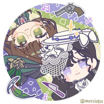 Rule 34 | 2girls, beamed sixteenth notes, black hair, bow, brown hair, chibi, closed mouth, commentary request, dress, eighth note, feathers, flower, glasses, green background, green eyes, green feathers, green hat, green jacket, gun, handgun, hat, hat bow, hat feather, hat flower, highres, isolde (reverse:1999), jacket, kakania (reverse:1999), korean commentary, long hair, looking at viewer, mossi (mossi0816), multiple girls, musical note, neck ribbon, purple eyes, red ribbon, reverse:1999, revision, revolver, ribbon, rotational symmetry, round eyewear, round image, shirt, smile, sparkle, table knife, twitter username, upper body, upside-down, veil, weapon, white bow, white dress, white hat, white shirt, white veil, yellow flower