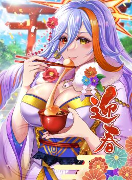 1girl absurdres akimiiiii baldr_(fire_emblem_heroes) baldr_(new_year's_elite)_(fire_emblem_heroes) blush breasts cleavage colored_inner_hair commentary drill_hair earrings fire_emblem fire_emblem_heroes flower fur-trimmed_kimono fur_trim geta gradient_clothes gradient_kimono hair_flower hair_ornament halo heterochromia highres japanese_clothes jewelry kimono large_breasts long_hair looking_at_viewer multicolored_hair nintendo official_alternate_costume orange_hair orange_halo orange_streaks red_eyes shrine smile streaked_hair very_long_hair watermark white_hair white_kimono yellow_eyes yellow_kimono zouni_soup