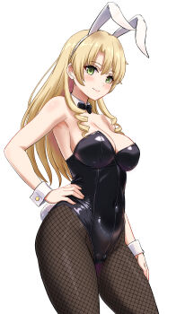 1girl absurdres alternate_costume animal_ear_hairband animal_ears armpit_peek bare_shoulders black_bow black_bowtie black_leotard black_pantyhose blonde_hair blush bow bowtie breasts cameltoe closed_mouth collar collarbone commentary_request covered_navel detached_collar fake_animal_ears fishnet_pantyhose fishnets green_eyes groin hairband hand_on_own_hip highleg highleg_leotard highres inanaki_shiki large_breasts leotard long_hair looking_at_viewer miura_yumiko pantyhose playboy_bunny rabbit_ear_hairband rabbit_ears simple_background smile solo strapless strapless_leotard tail thighs white_background white_collar white_hairband white_wrist_cuffs wrist_cuffs yahari_ore_no_seishun_lovecome_wa_machigatteiru.
