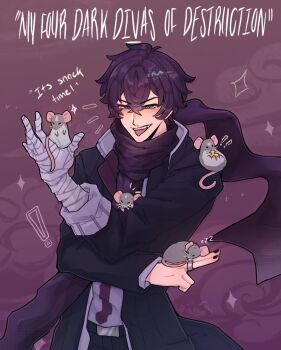 Rule 34 | 1boy, bandaged arm, bandages, black jacket, character request, cheese, cowboy shot, danganronpa (series), english text, food, highres, itz kum0ri, jacket, jewelry, male focus, mouse (animal), open mouth, purple eyes, purple hair, purple scarf, ring, scarf, short hair, shoto (vtuber), smile, solo, teeth, upper teeth only, virtual youtuber