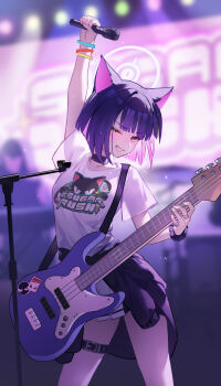 1girl absurdres animal_ears animal_print arm_up bass_guitar belt black_belt black_choker black_hair black_jacket blue_archive blurry blurry_background blush cat_ears cat_print choker clothes_around_waist collarbone colored_inner_hair commentary grin guitar halo highres holding holding_guitar holding_instrument holding_microphone instrument jacket jacket_around_waist jewelry kazusa_(band)_(blue_archive) kazusa_(blue_archive) looking_at_viewer medium_hair microphone microphone_stand multicolored_hair multiple_girls one_eye_closed pink_eyes pink_hair pink_halo pink_lips pleated_skirt qianyuu_(senba) ring scrunchie shirt short_sleeves skirt smile stage stage_lights sweat t-shirt teeth thigh_belt thigh_strap thighs two-tone_hair white_shirt wrist_scrunchie wristband