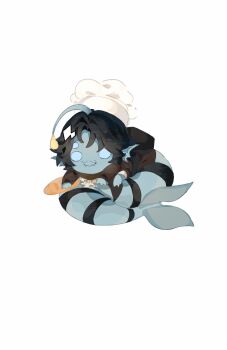 1boy anglerfish_boy ascot baguette black_hair blue_eyes blue_skin bread brown_coat chef_hat chibi coat colored_skin commentary_request extra_arms extra_eyes facial_hair fangs fins food full_body hat head_fins highres holding holding_food illicium male_focus merman monster_boy mustache pressure_(roblox) roblox sebastian_solace short_hair simple_background skin_fangs solo spanish_commentary white_background yunne1005