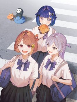 3girls alternate_costume bag black_skirt blue_bow blue_bowtie blue_hair bone_hair_ornament bow bowtie bread bread_slice brown_hair brown_shoes crosswalk food food_in_mouth gradient_hair grey_eyes grey_hair hair_flaps hair_intakes hair_ornament hair_rings highres jacket loafers long_hair medium_hair mouth_hold multicolored_hair multiple_girls open_mouth parted_bangs pleated_skirt red_eyes school_bag school_uniform sendo_yuuhi shirt shirt_tucked_in shoes short-sleeved_jacket short_sleeves single_hair_ring skirt socks streaked_hair toast toast_in_mouth tsubu_(kappunioyu562) tsumugi_kokage two_side_up virtual_youtuber vspo! walking water_drop_hair_ornament white_shirt white_socks yano_kuromu