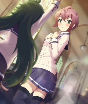 Rule 34 | 2girls, ahoge, arch, arm up, black thighhighs, blazer, blue sailor collar, blue skirt, blush, breasts, closed mouth, day, dutch angle, fujimaki minaki, game cg, green eyes, green hair, hallway, hands up, hanging light, indoors, jacket, lens flare, long hair, long sleeves, looking at viewer, multiple girls, nagasaki sumi, official art, purple hair, renpu girls school uniform, sailor collar, school uniform, short hair, skirt, small breasts, thighhighs, third-party source, toji no miko, toji no miko: kizamishi issen no tomoshibi, white jacket, window, zettai ryouiki