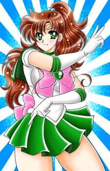 Rule 34 | 1girl, bishoujo senshi sailor moon, blue background, bow, breasts, brown hair, choker, earrings, elbow gloves, gloves, green choker, green eyes, green sailor collar, green skirt, hair bobbles, hair ornament, highres, jewelry, kurumada masami (style), long hair, looking at viewer, magical girl, pink bow, ponytail, sailor collar, sailor jupiter, sailor senshi uniform, skirt, solo, tatsumi kyouhei, white gloves