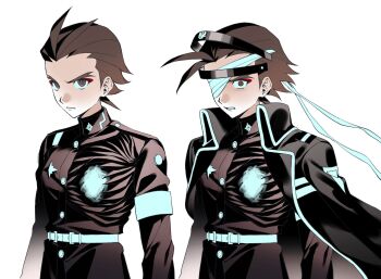 1boy ace_attorney apollo_justice apollo_justice:_ace_attorney armband bandage_over_one_eye bandages black_cape black_jacket brown_eyes brown_hair cape clenched_teeth closed_mouth commentary crossover highres jacket last_defense_academy_school_uniform looking_at_viewer makeup male_focus multiple_views richost school_uniform simple_background symbol-only_commentary teeth the_hundred_line_-last_defense_academy- upper_body white_armband white_background