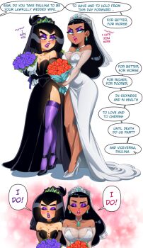 2girls absurdres aqua_eyes black_dress black_hair bouquet breasts cleavage commentary danny_phantom dark-skinned_female dark_skin dress earrings english_commentary english_text eyeshadow flower highres holding holding_bouquet jewelry large_breasts long_hair makeup multiple_girls multiple_views omiiverse paulina_sanchez purple_eyes purple_eyeshadow purple_flower purple_lips purple_rose purple_thighhighs red_flower red_rose rose sam_manson side_slit speech_bubble thighhighs wedding_dress white_dress yuri
