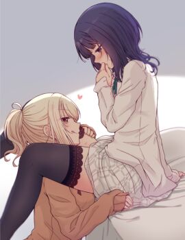 2girls :q asaka_karin black_thighhighs blonde_hair blue_eyes blue_hair blunt_bangs blush brown_cardigan cardigan closed_mouth collared_shirt commentary_request covering_own_mouth dark_blue_hair diverdiva dress_shirt green_ribbon grey_skirt gyaru hand_over_own_mouth head_between_legs heart hickey kuroda_roku lace lace-trimmed_thighhighs lace_trim looking_at_another love_live! love_live!_nijigasaki_high_school_idol_club medium_hair miniskirt miyashita_ai multiple_girls neck_ribbon nijigasaki_school_uniform no_jacket orange_eyes plaid_clothes plaid_skirt pleated_skirt ponytail red_ribbon ribbon school_uniform shirt skirt sleeves_past_wrists smile thighhighs tongue tongue_out white_shirt white_skirt winter_uniform yuri